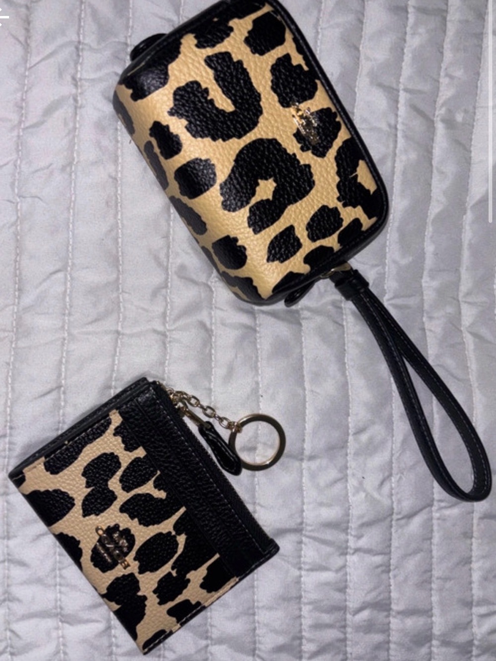 Coach Leopard Print Wristlet and Card Holder Set - Black and Tan